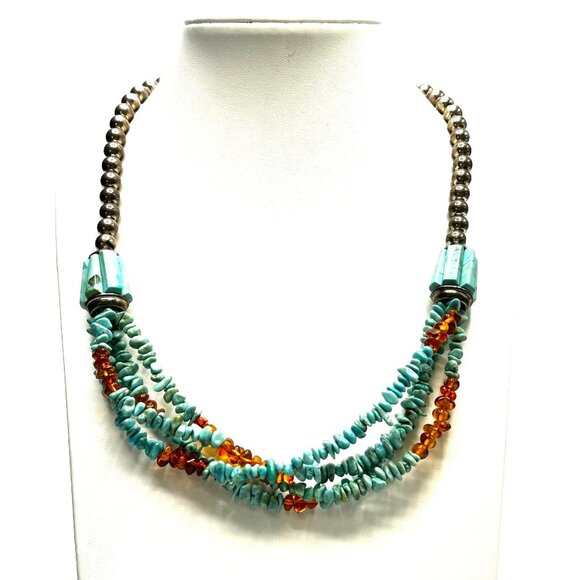 Vintage Navajo Four-Strand Turquoise and Amber Necklace w/Fluted Barrel Beads - Picture 3 of 14